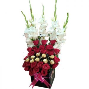 Red Roses with Glads & Ferrero