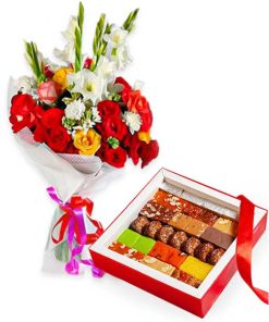 Flowers Bouquet & Assorted Mithai Box